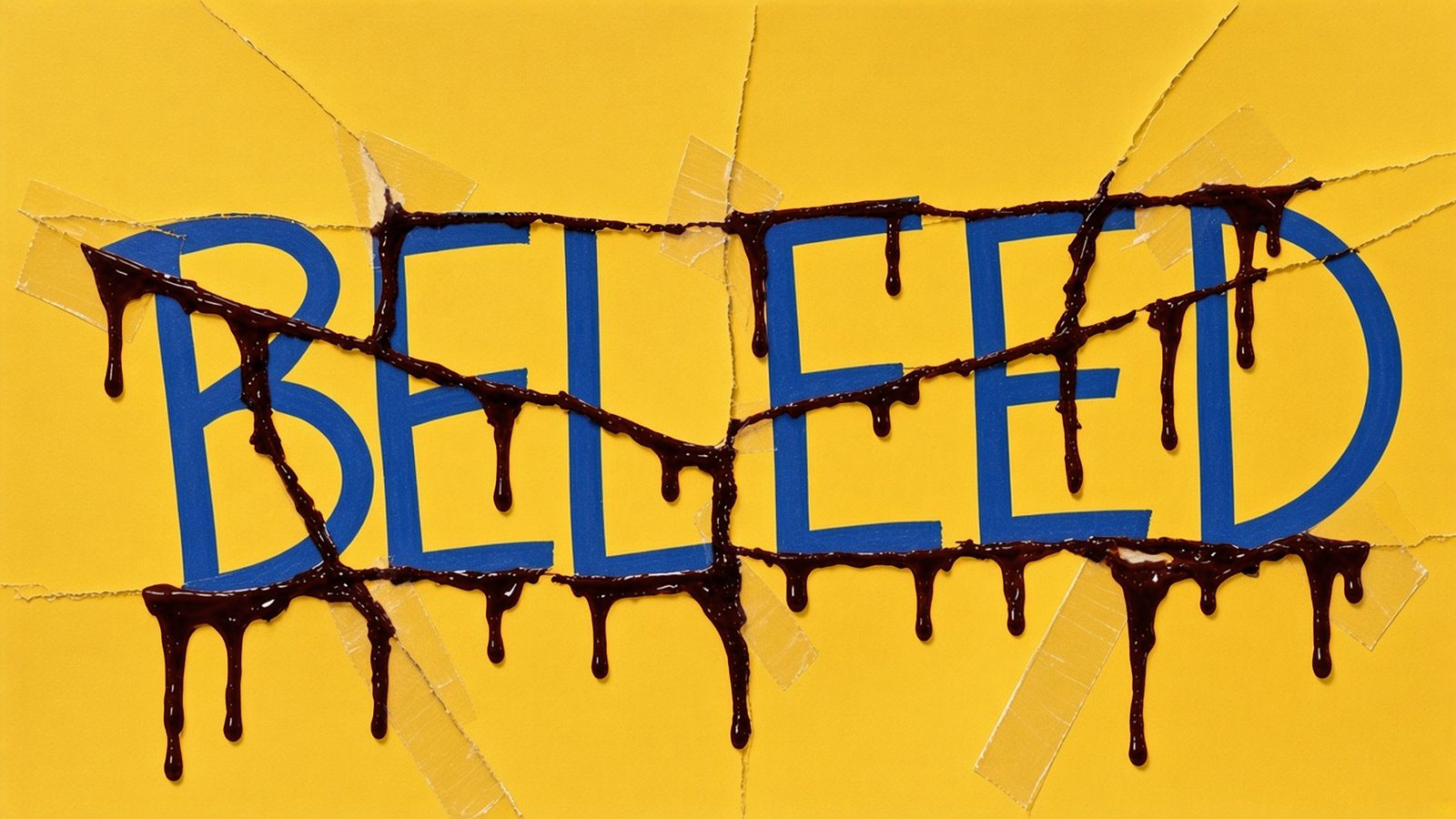 A yellow BELEED sign, torn and taped back together, dripping with dark zombie blood