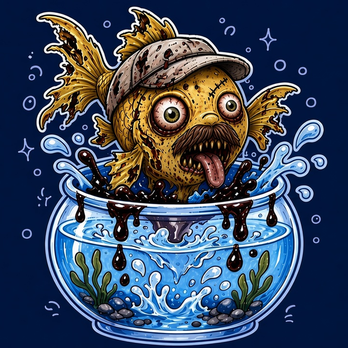 Zombie goldfish in a visor and moustache bursting from a bloody fishbowl